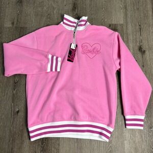 NEW Barbie Women's M Pink Varsity Style Pullover Sweatshirt 1/4 Zip Embroidery